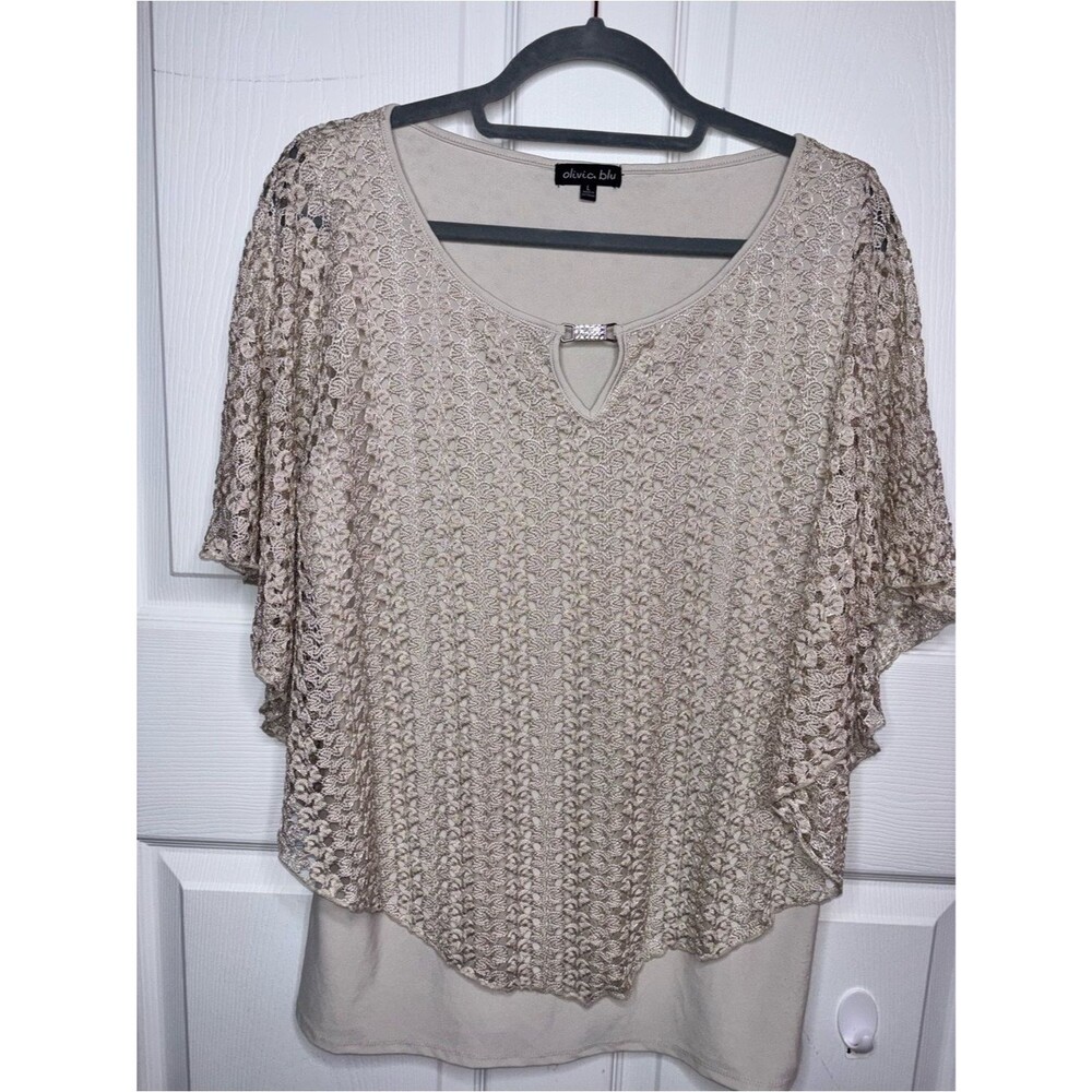 Olivia Blu Taupe Crochet-Overlay Blouse with Decorative Keyhole